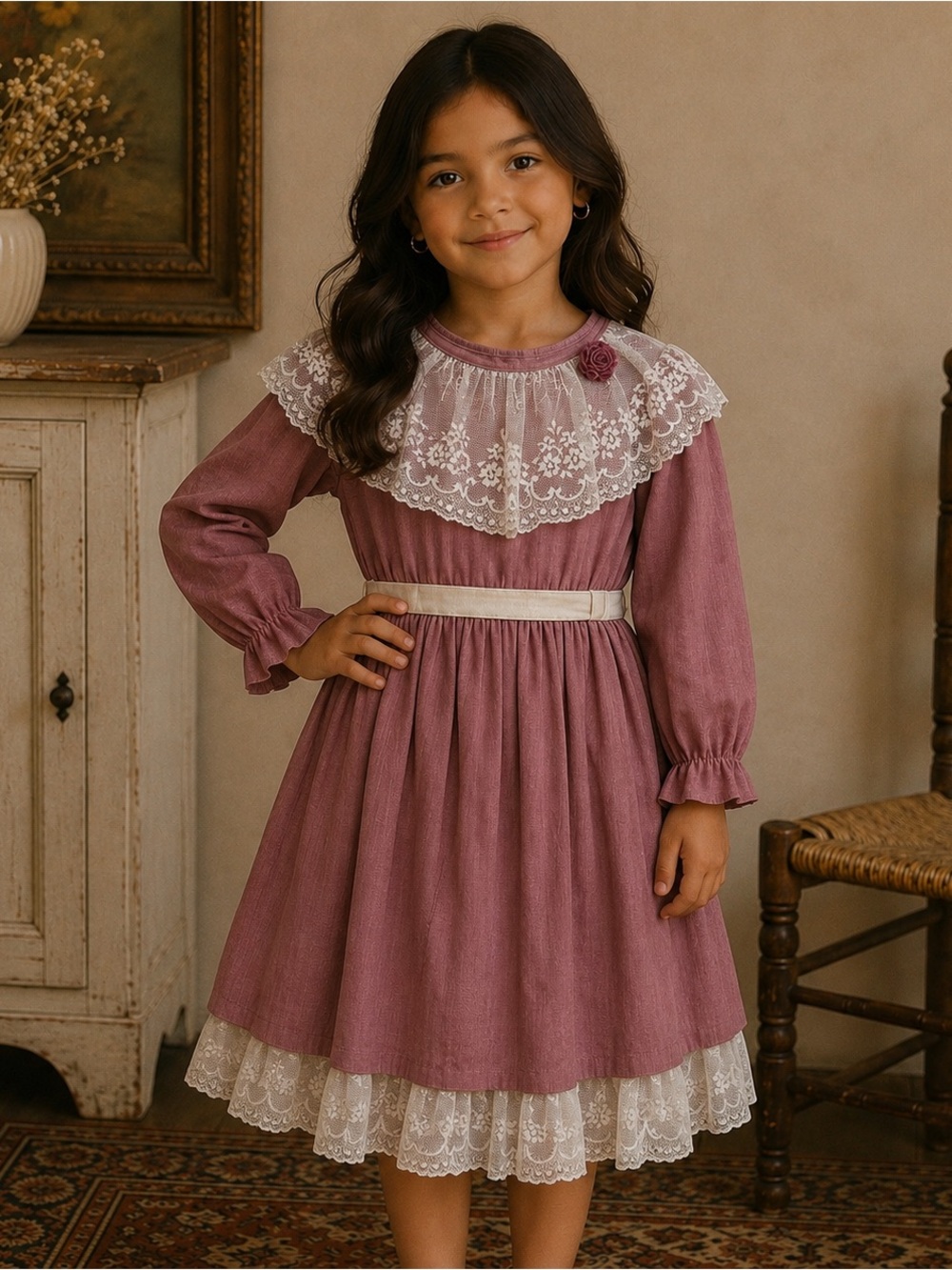 Vintage Cottagecore Jo Lene Muave and Lace Girls Long Sleeve Dress Sz. 6